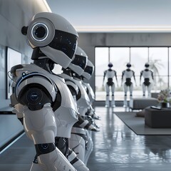 Fototapeta premium Advanced Robotic Assistants in a Futuristic Smart Home Interior with Connected Devices