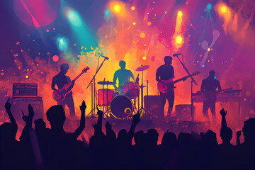 Fototapeta premium A vibrant concert scene with a band performing on stage and an engaged audience.