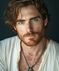 Fototapeta premium Portrait of a man with curly hair and blue eyes wearing a simple shirt
