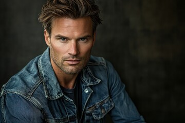 Obraz premium Stylish man in denim jacket posing confidently against dark background