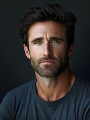 Fototapeta premium A close-up portrait of a man with dark hair against a black background