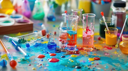 A colorful, messy laboratory scene with various glassware, paint, and tools, creating a vibrant and artistic atmosphere