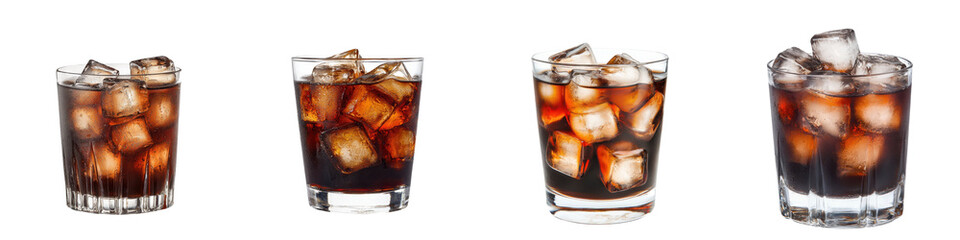 Four glasses of cola with ice cubes, showcasing a refreshing beverage for all occasions and summer gatherings. transparent background