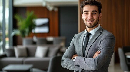 Fototapeta premium A professional portrait of a young male entrepreneur in a stylish office setting, with a clean, modern background and a confident, approachable demeanor.