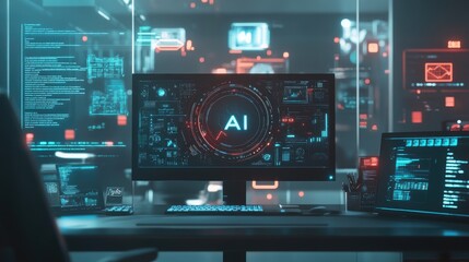 Fototapeta premium A futuristic workspace with a digital screen showing 