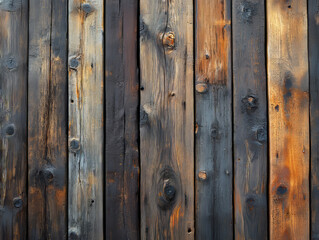 Naklejka premium Aged wooden planks with a mix of dark and light tones, natural grain, and knots, perfect for rustic backgrounds in cafes, restaurants, furniture stores, or carpentry workshops with empty copy space
