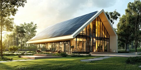 Obraz premium luxury ivory and yellow chalet house with modern solar panel and fresh green park 
