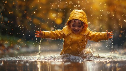 Happy Child Playing In Puddle During Rain Shower