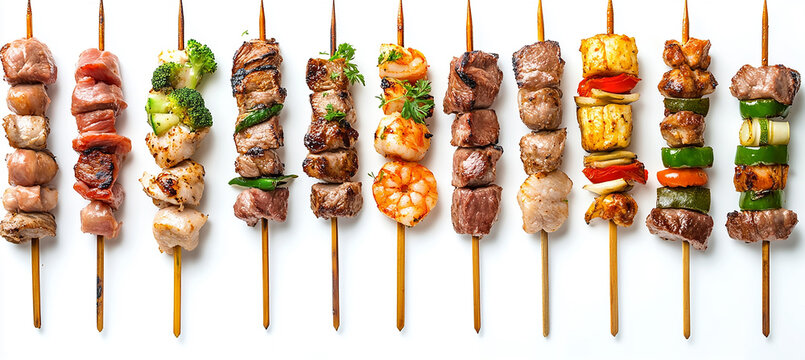 A variety of kebabs with different types and sizes