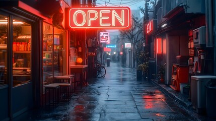 neon sign with the inscription “OPEN” near a cozy cafe in the evening time