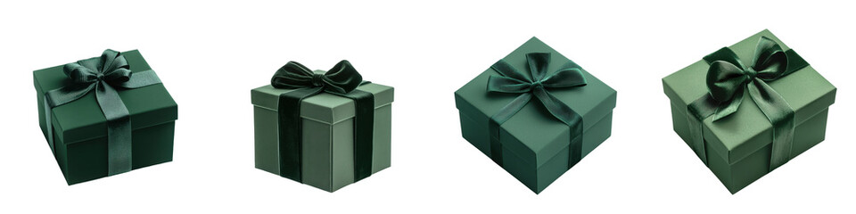 Set of elegantly wrapped green gift boxes with bows, perfect for any special occasion or celebration. transparent background