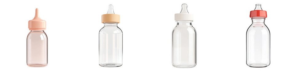 Set of four baby bottles in various colors. Ideal for parenting, newborn care, or infant feeding concepts. transparent background