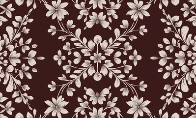 Fototapeta premium Brown background with a white outline pattern, using a brown and dark red color scheme. The design is elegant, simple yet detailed. It features delicate floral motifs that create an intricate lace-lik