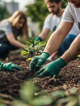 Volunteers planting new trees in a community garden on a sunny day