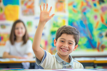 Smiling boy raising his hand in a colorful classroom filled with creative art during an engaging lesson.