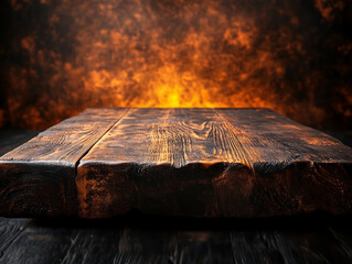 Rustic wooden table with a dark charred finish, highlighted by warm ambient lighting, creating a dramatic and textured surface, ideal for moody interior designs or product display in a vintage setting