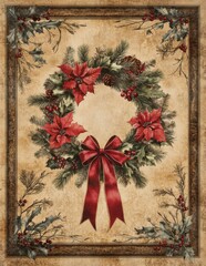 Vintage Christmas wreath with red bow, festive holiday decoration with nostalgic design.
