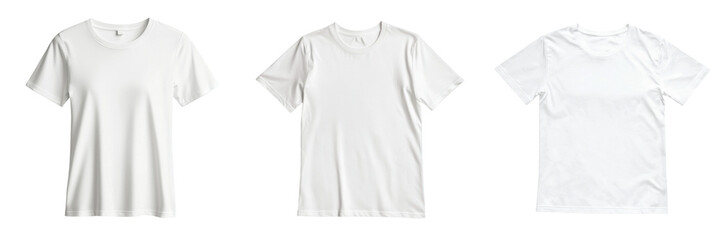 Set of three plain white t-shirts on transparent background, showcasing versatile apparel for casual styling. transparent background