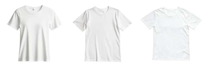 Set of three plain white t-shirts on transparent background, showcasing versatile apparel for casual styling. transparent background
