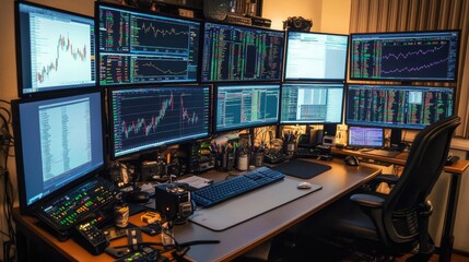 A trader's desk with multiple monitors displaying live stock market graphs, financial data, and analysis tools, creating a dynamic, fast-paced trading environment.