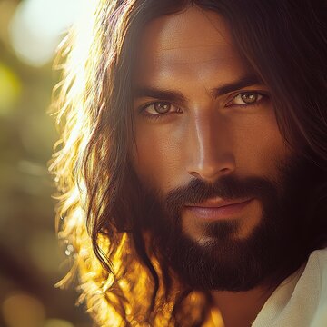 Jesus Christ with flowing hair and beard in serene natural setting