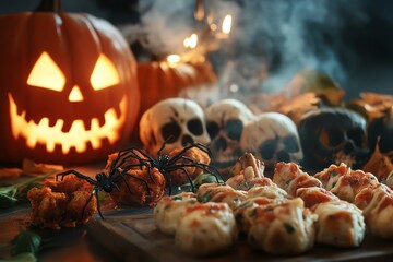A spooky Halloween scene featuring a carved pumpkin, creepy skulls, and festive treats perfect for a Halloween party.