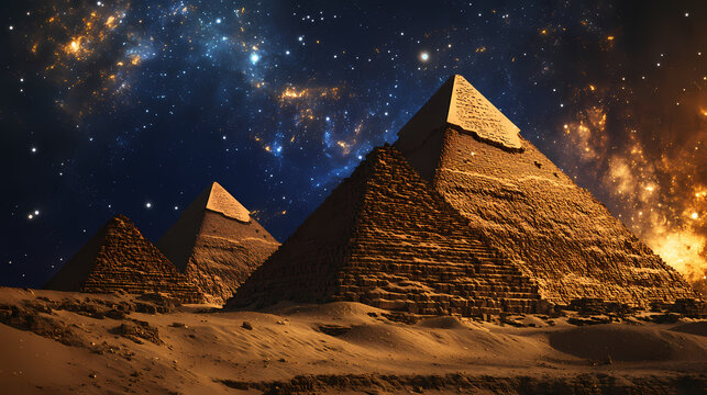 Starry night at pyramids of giza, egyptian pyramids of giza shot in starry night. Egyptian Pyramids. Illustration