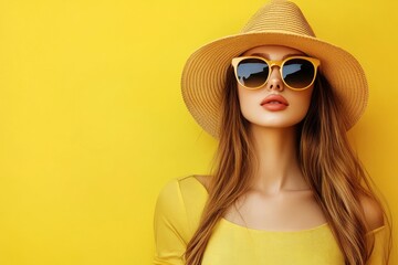 Fototapeta premium Portrait of beautiful girl in hat and sunglasses on colorful background. Fashion portrait of a beautiful young woman in sunglasses on a yellow summer background. with generative ai