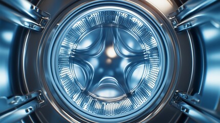 Inside a modern washing machine drum illuminated with bright LED lights showcasing its stainless steel design