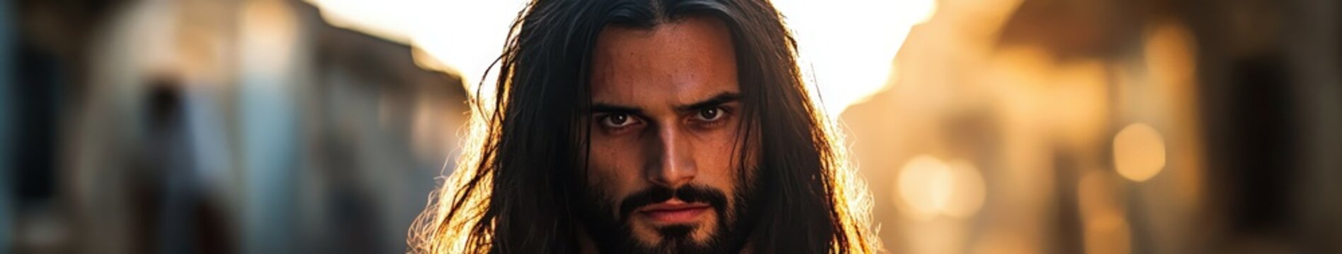 Jesus Christ with long hair and beard in a sunlit setting