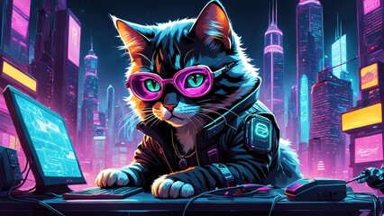 A cyberpunk cat wearing glasses works at a computer in a vibrant cityscape.