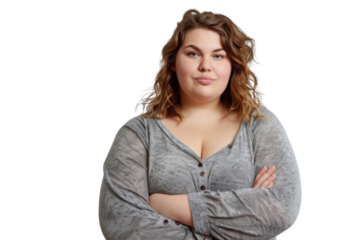Portrait of a funny and friendly fat woman, smiling brightly at the camera, isolated on a transparent png background