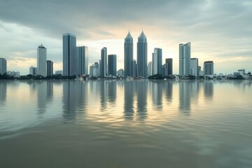 Naklejka premium A timelapse of a bustling cityscape slowly being submerged by rising sea levels, with skyscrapers sinking into the water
