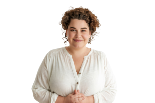 Portrait of a kindly fat woman with a big, smiling face, her humorous and warm nature evident in her expression, posing naturally, isolated on a transparent png background