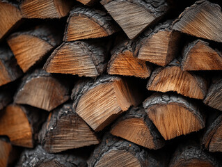 Fototapeta premium Stack of chopped firewood logs with rough bark and natural wood grain, neatly arranged and showing texture of cut timber, rustic and earthy background ideal for natural decor, camping, or fireplace 