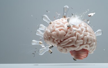 A brain disintegrating into shards of light bulbs, each piece symbolizing a bright idea or moment of inspiration