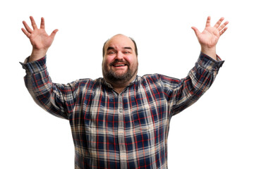Naklejka premium Portrait of a big man with a happy, smiling face, his humor and kindness evident in his expression, posing naturally, isolated on a transparent png background