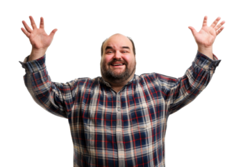Portrait of a big man with a happy, smiling face, his humor and kindness evident in his expression, posing naturally, isolated on a transparent png background