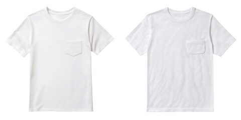 Two classic white t-shirts displayed side by side, showcasing different pocket designs and styles for versatile wardrobe options. transparent background