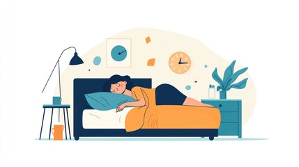 flat design illustration, a young woman with sleeping trouble, trying to sleep in her bedroom