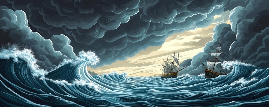 Illustrate a vast, open ocean scene with dark, looming clouds above, incorporating symbolic imagery of risk management in the form of towering waves and unsteady ships