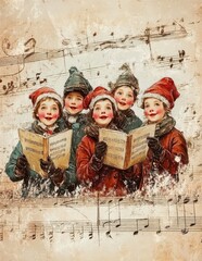 Group of children singing Christmas carols with sheet music, vintage holiday scene.
