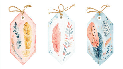 Beautifully designed gift tags featuring watercolor illustrations of feathers and leaves in soft pastel colors. Perfect for adding personal touch to your holiday gifts