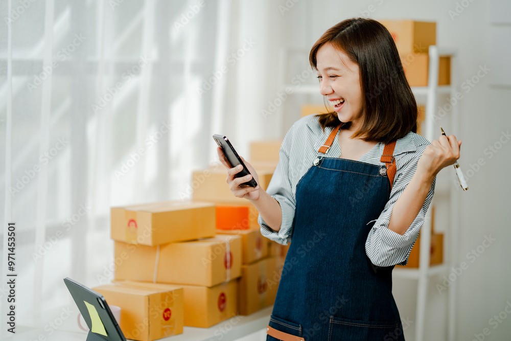 Wall mural small online business owner smiling the seller is checking the parcel and packing the product before