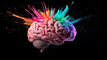 A human brain with bright, neon colors exploding into shards of light, symbolizing a burst of creative energy