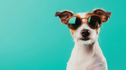 A laid-back dog wearing round, retro sunglasses against a solid teal background