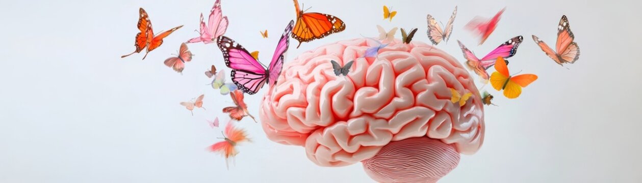 A human brain with pieces exploding into a swarm of butterflies, representing freedom of thought and transformation