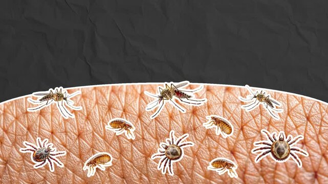 A patch of human skin appears, mosquitoes, ticks and fleas fly to it, want to suck blood. Pest insect concept. Empty space for text. Stop motion animation on black paper background