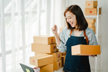 Small online business owners are very excited to be able to make sales. The seller is inspecting the parcel and packing the product before sending. Preparing packages for SME e-commerce delivery servi