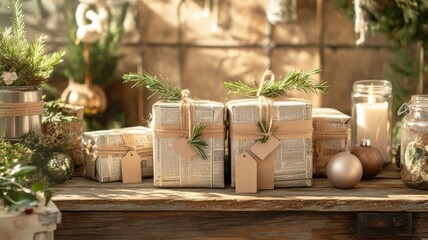 Eco-friendly Christmas gift boxes wrapped in newspaper and decorated with jute twine, rosemary, and clay tags, displayed with upcycled ornaments and candles in a rustic setting. Christmas, New Year